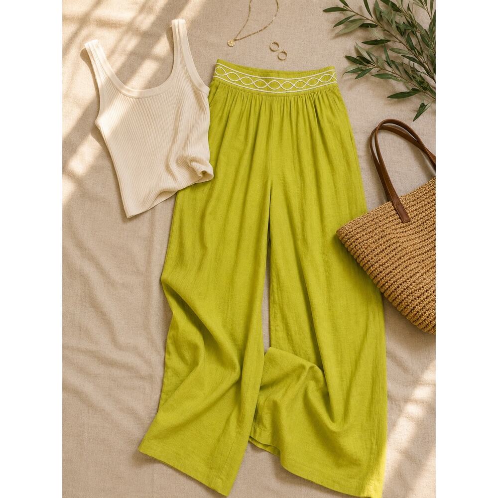 Milk & Honey Chartreuse Wide Leg Lounge Pants Resort Wear Large with Pockets - Picture 2 of 10